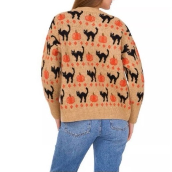 Vince Camuto Tan Crewneck Sweater with Black Cats & Orange Pumpkins - Picture 3 of 8